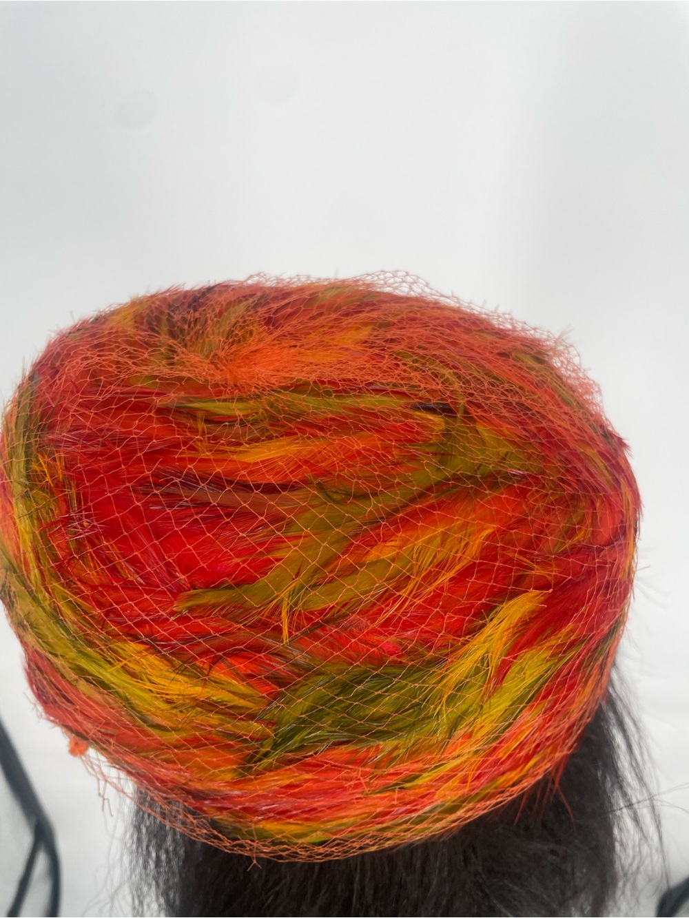 60s Mid Century Red Orange Feathered Pillbox Hat w Netting Union Made Wool Base - Picture 9 of 13